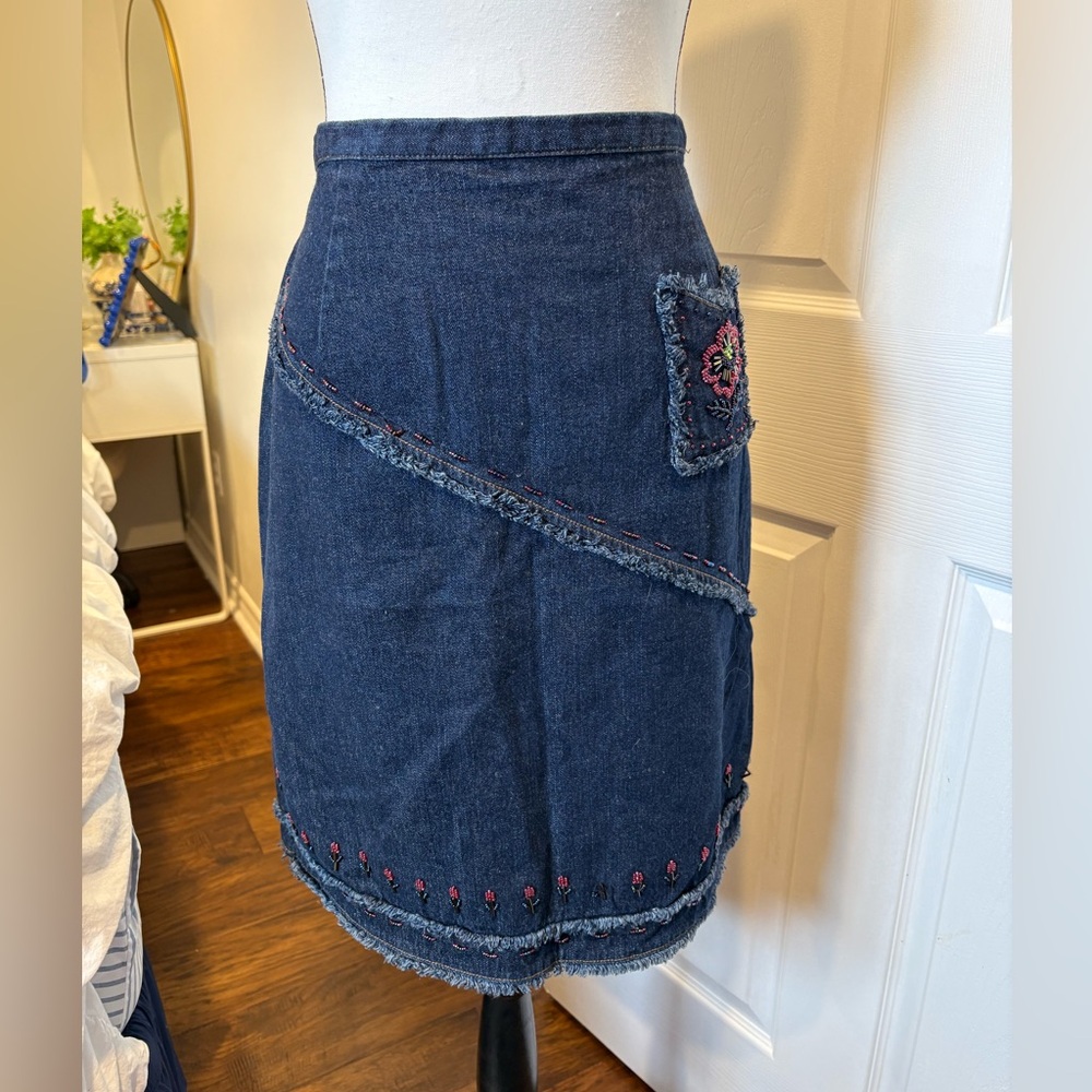 Vintage Y2K Denim Embroidered Beaded Boho Midi Skirt Size 10